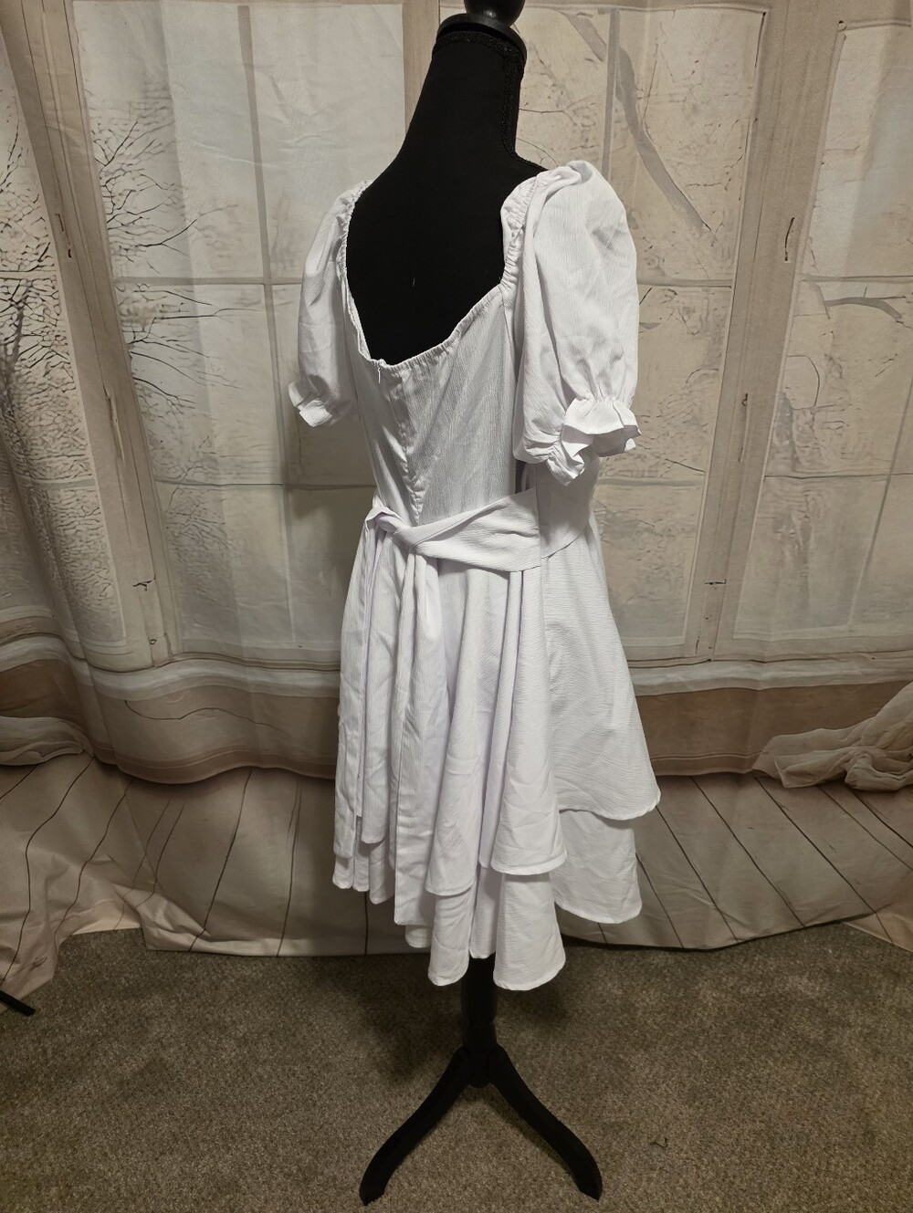 White Puff-Sleeve Tiered Mini Dress - Picture 3 of 5